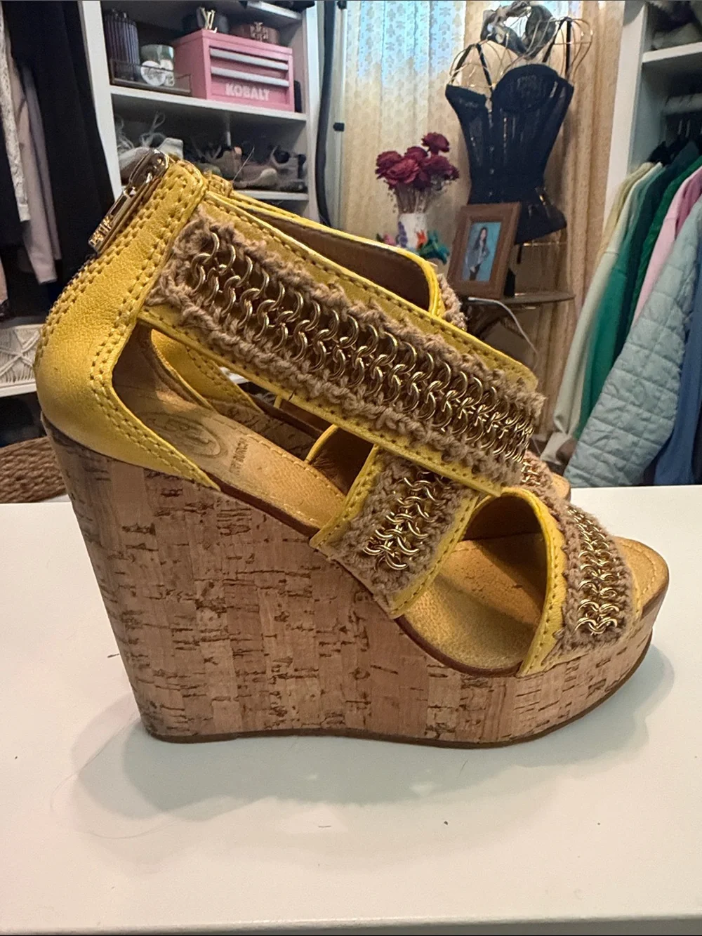 Tory Burch Yellow Wedge Sandals with Jute and Gold Chain Trim